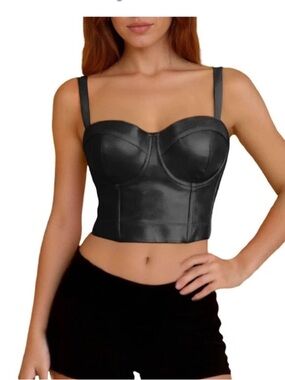 Black Faux Leather Bustier Crop Top Large Women
